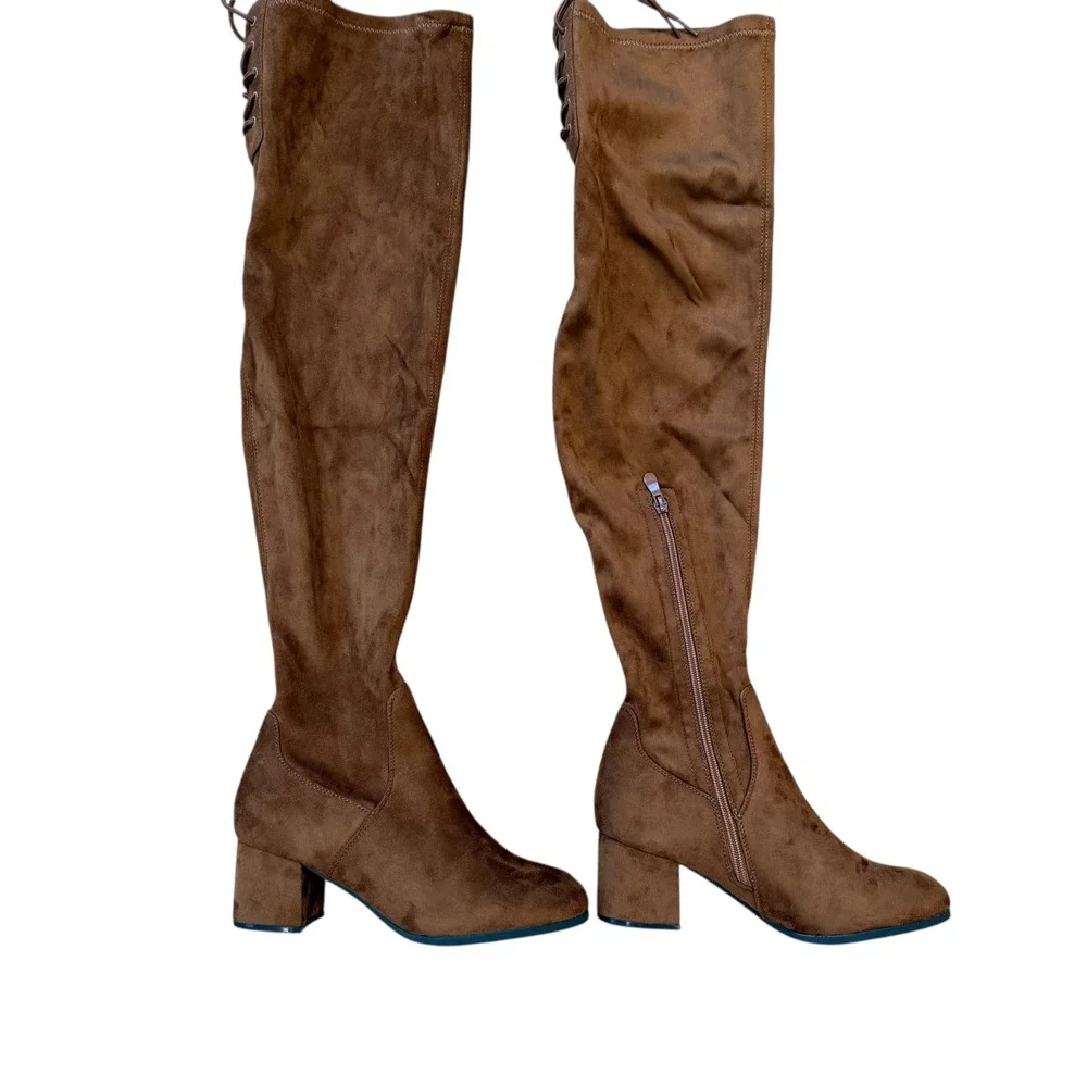 Dream Pairs Women Brown Suede‎ Block Heel Over The Knee Boots Size 8
